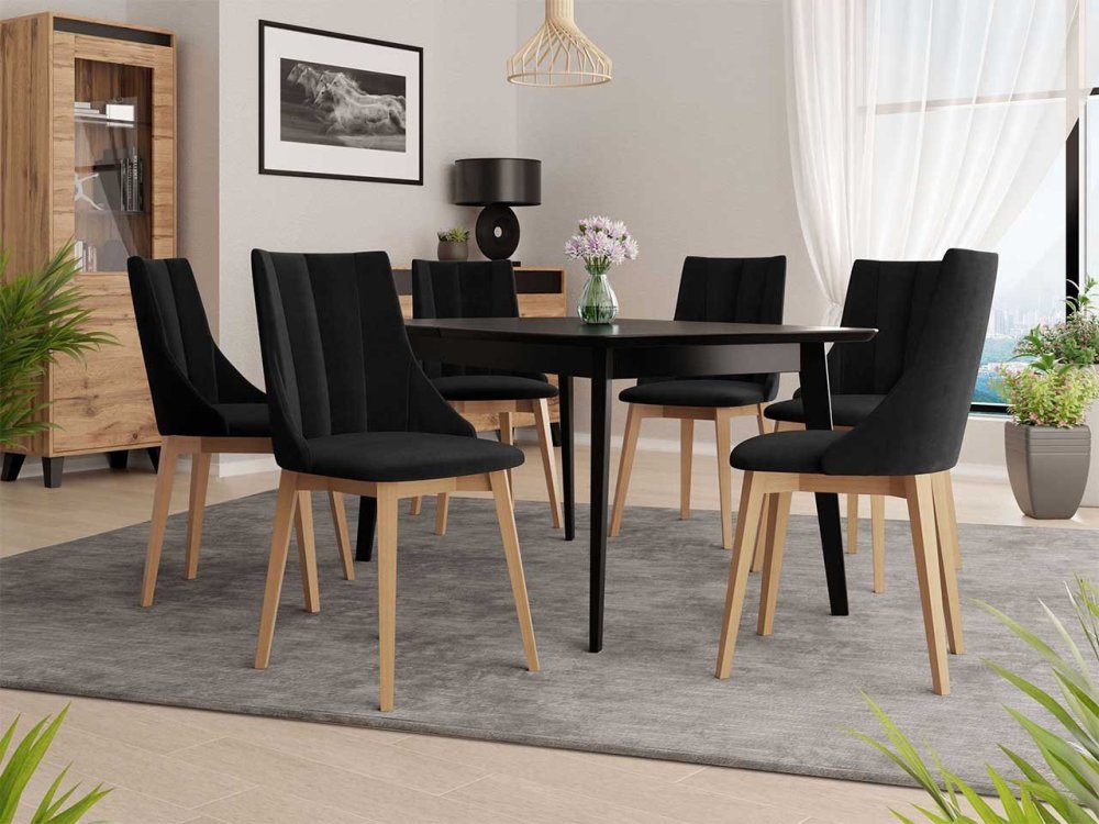 Veneti Rozkladací jedálenský stôl so 6 stoličkami NOWEN 2 - čierny / prírodné drevo